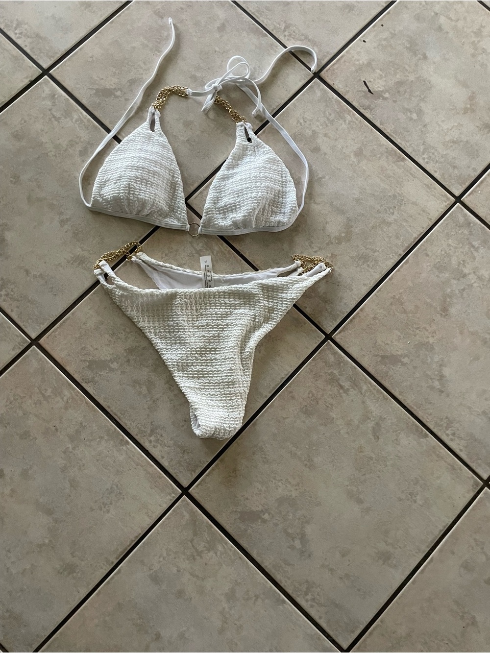 SHEIN White Textured Triangle Bikini with Gold Chain Straps